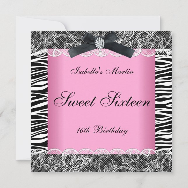 Sweet 16 Birthday Party Pink Black White Zebra Invitation (Front)