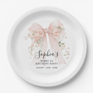 Sweet 16 Birthday Party Pink Bow Roses Cocktail Paper Plate
