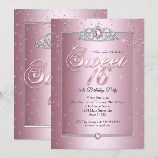 Sweet 16 Birthday Party Pink Diamond Silver Tiara  Invitation (Front/Back)