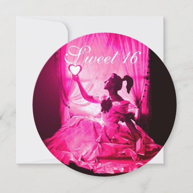 SWEET 16 BIRTHDAY PARTY,PINK FUCHSIA BLACK DAMASK INVITATION (Front)