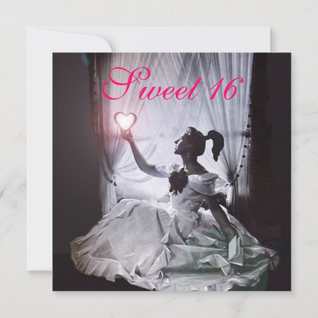 SWEET 16 BIRTHDAY PARTY,PINK FUCHSIA BLACK DAMASK INVITATION (Front)