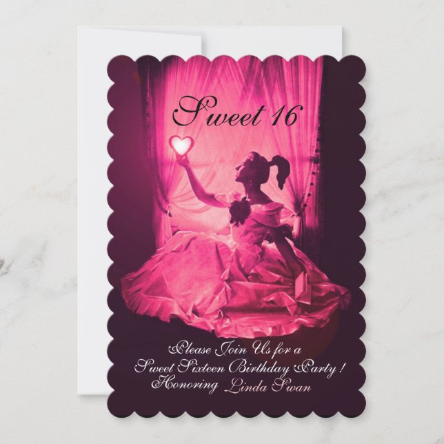SWEET 16 BIRTHDAY PARTY,PINK FUCHSIA BLACK DAMASK INVITATION (Front)