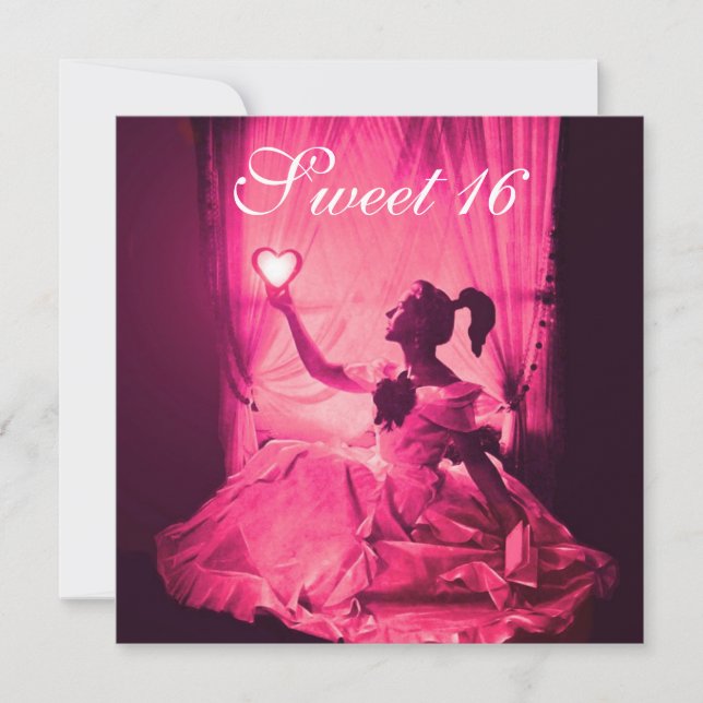 SWEET 16 BIRTHDAY PARTY,PINK FUCHSIA BLACK DAMASK INVITATION (Front)