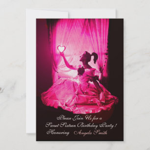 SWEET 16 BIRTHDAY PARTY,PINK FUCHSIA BLACK DAMASK INVITATION