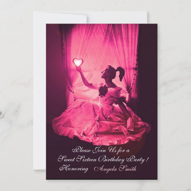 SWEET 16 BIRTHDAY PARTY,PINK FUCHSIA BLACK DAMASK INVITATION (Front)