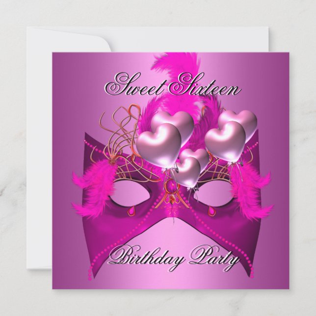 Sweet 16 Birthday Party Pink Mask Balloons Invitation (Front)