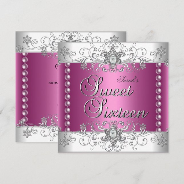 Sweet 16 Birthday Party Pink Pearl White Diamond Invitation (Front/Back)