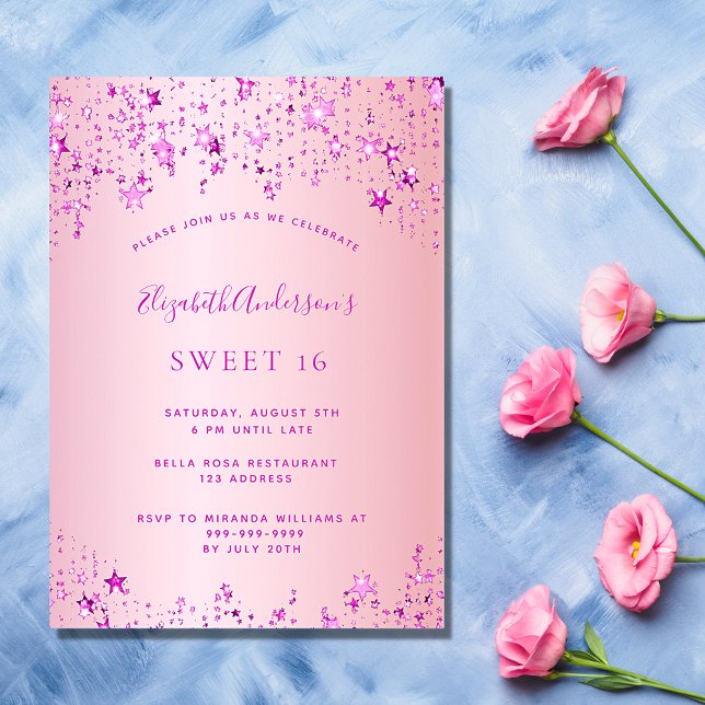Sweet 16 birthday party pink stars luxury invitation (Creator Uploaded)