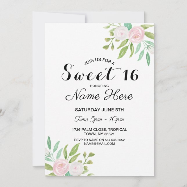Sweet 16 Birthday Party Pink White Flower Mint Invitation (Front)