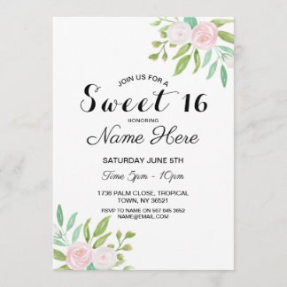 Sweet 16 Birthday Party Pink White Flower Mint Invitation