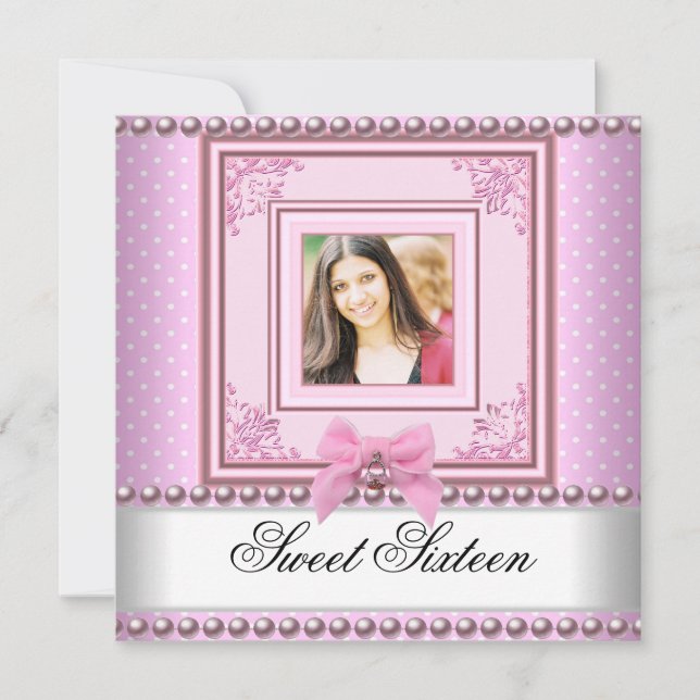 Sweet 16 Birthday Party Pink White Pearl Photo 2 Invitation (Front)