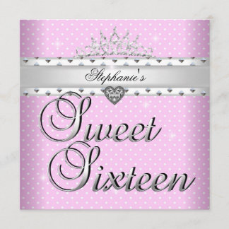 Sweet 16 Birthday Party Pink White Spots Tiara Invitation