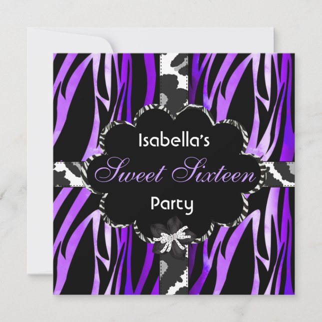 Sweet 16 Birthday Party Purple Black White Zebra Invitation (Front)