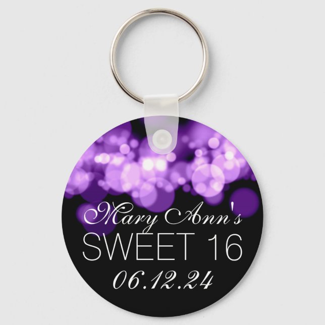 Sweet 16 Birthday Party Purple Bokeh Lights Key Ring (Front)