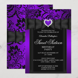 Sweet 16 Birthday Party Purple Heart Damask Invitation