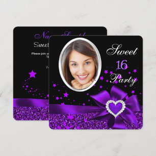 Sweet 16 Birthday Party Purple Heart Photo Glitter Invitation