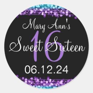 Sweet 16 Birthday Party Purple Turquoise  Lights Classic Round Sticker