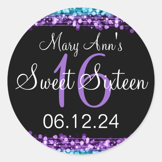 Sweet 16 Birthday Party Purple Turquoise  Lights Classic Round Sticker (Front)