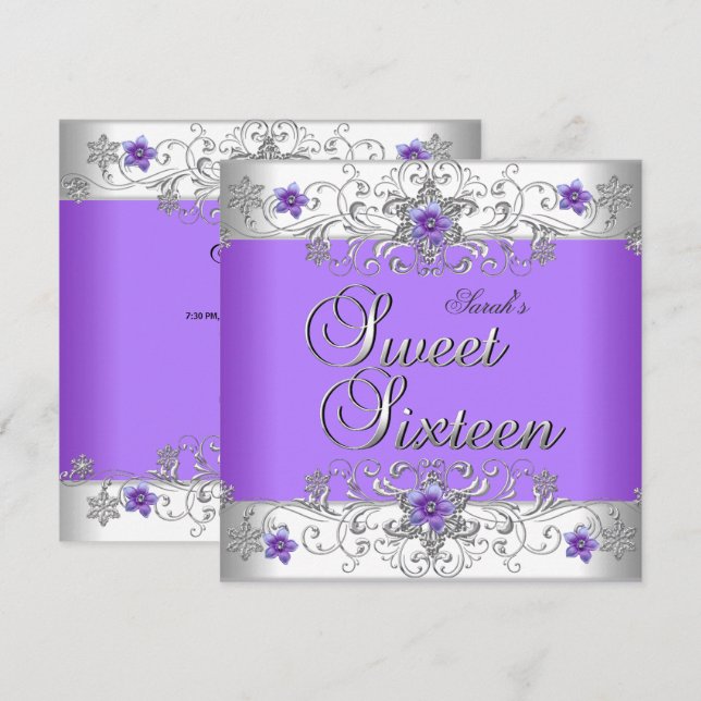 Sweet 16 Birthday Party Purple White Diamond Invitation (Front/Back)