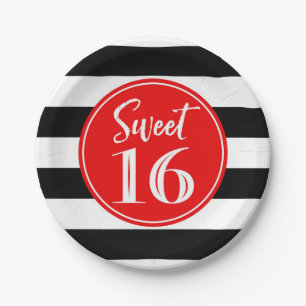 Sweet 16 Birthday Party Red Black White Stripes Paper Plate