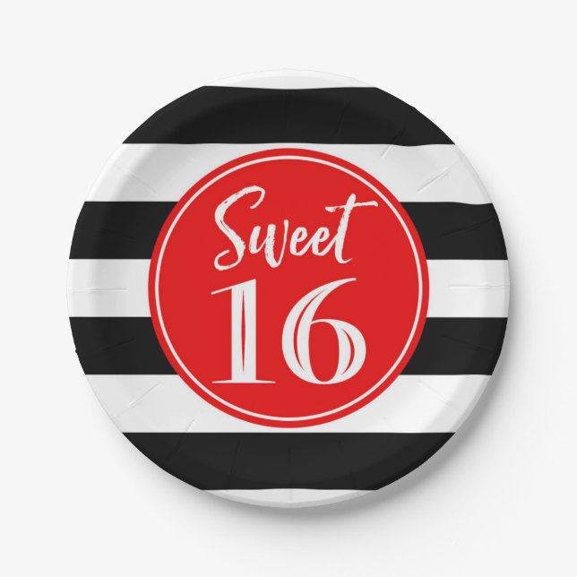 Sweet 16 Birthday Party Red Black White Stripes Paper Plate (Front)