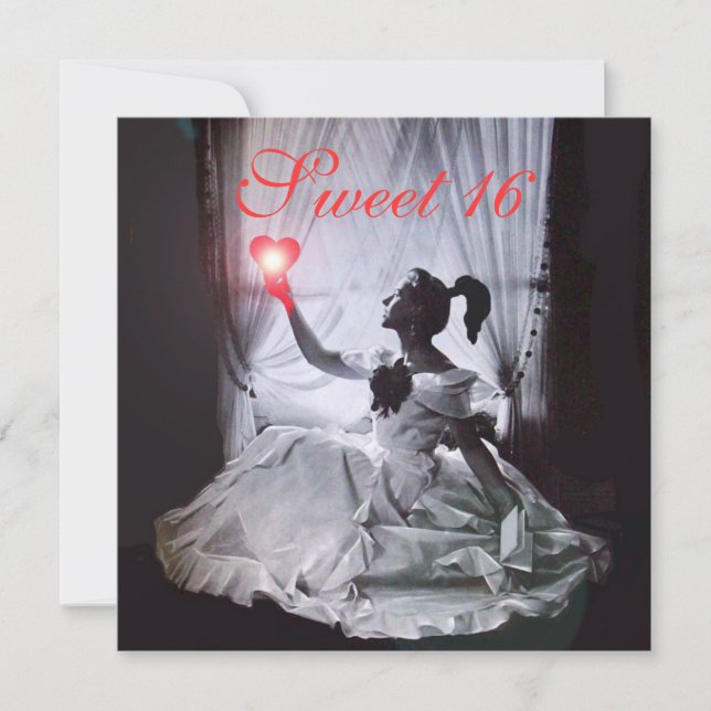 SWEET 16 BIRTHDAY PARTY,RED FUCHSIA  BLACK DAMASK INVITATION (Front)