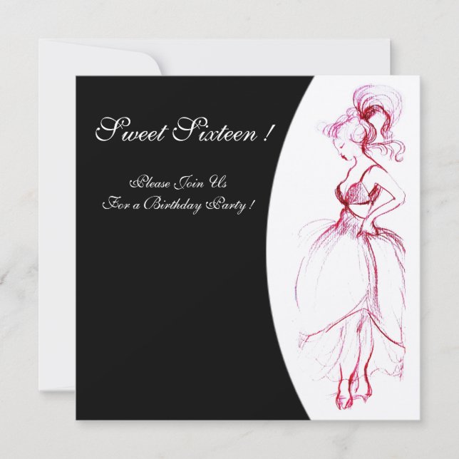 SWEET 16 BIRTHDAY PARTY Red Pink Black White Invitation (Front)