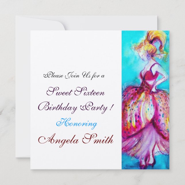 SWEET 16 BIRTHDAY PARTY Red Pink Blue Turquoise Invitation (Front)