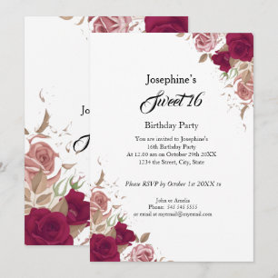 Sweet 16 Birthday Party Red Pink Roses Invitation