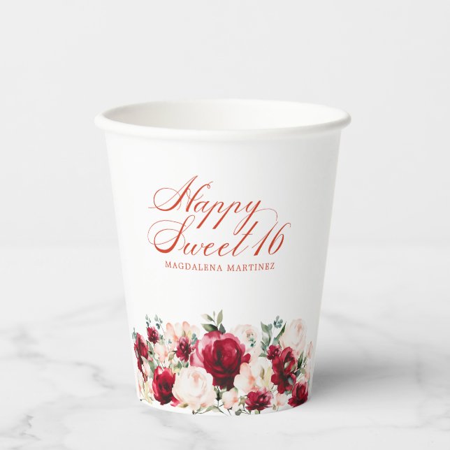 Sweet 16 Birthday Party Red Rose Pink Peony Custom Paper Cups (Front)