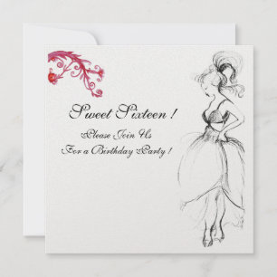 SWEET 16 BIRTHDAY PARTY Red Swirls Black White Invitation