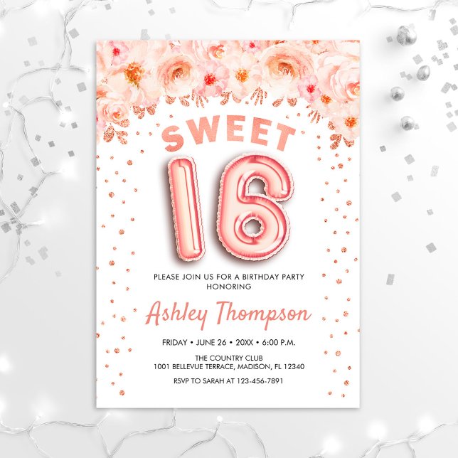 Sweet 16 Birthday Party - Rose Gold Balloons Invitation (Creator Uploaded)