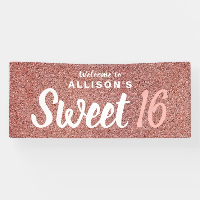 Sweet 16 Birthday Party Rose Gold Glitter Monogram Banner (Horizontal)