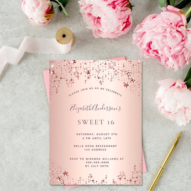 Sweet 16 birthday party rose gold stars sprinkle invitation (Creator Uploaded)