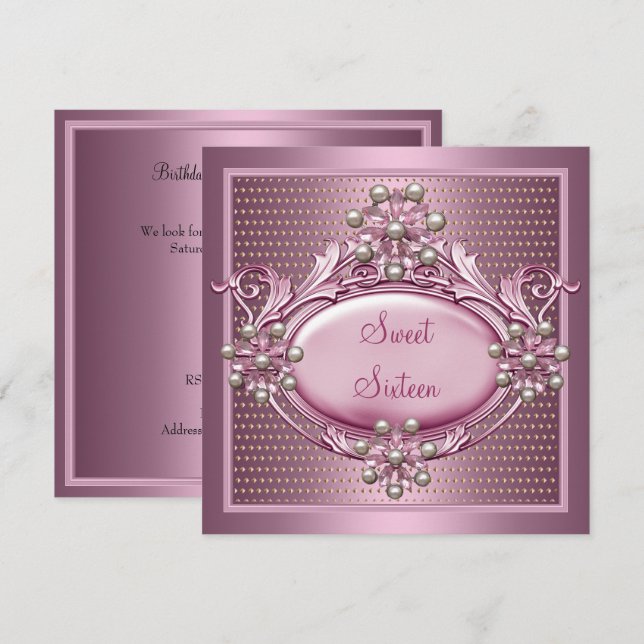 Sweet 16 Birthday Party Satin Pink Pearl Jewel Invitation (Front/Back)