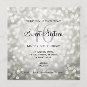 Sweet 16 Birthday Party Silver Glitter Lights Invitation