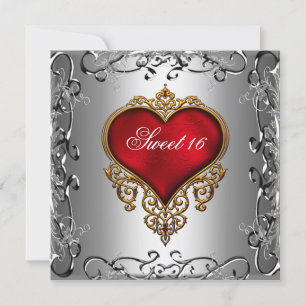 Sweet 16 Birthday Party Silver red hear Invitation
