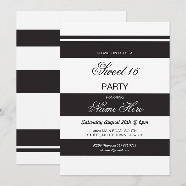 Sweet 16 Birthday Party Stripe Black White Invite (Front/Back)