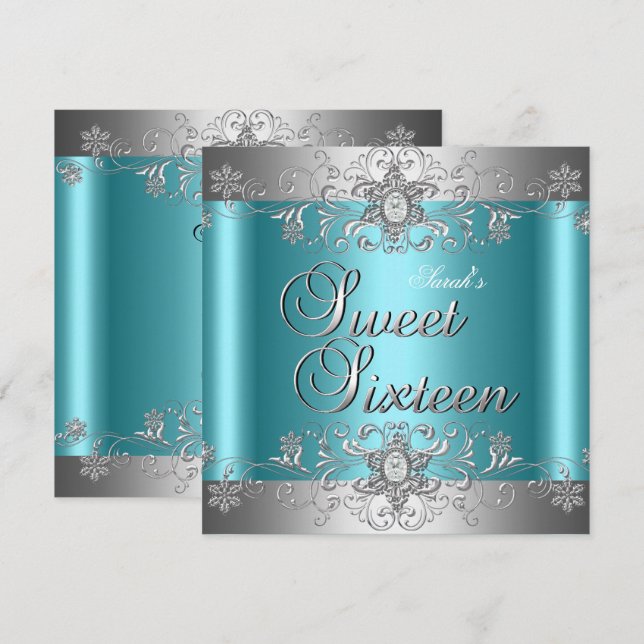 Sweet 16 Birthday Party Teal Blue Silver Diamond Invitation (Front/Back)