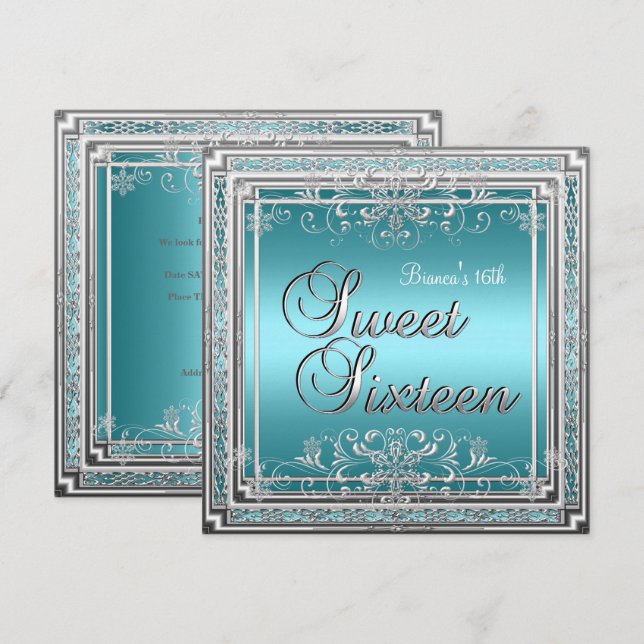 Sweet 16 Birthday Party Teal Blue Silver Teen Girl Invitation (Front/Back)