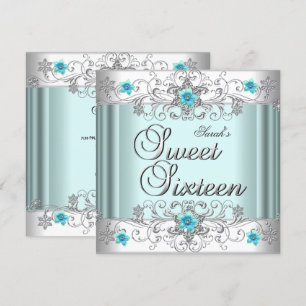 Sweet 16 Birthday Party Teal Blue White Diamond Invitation