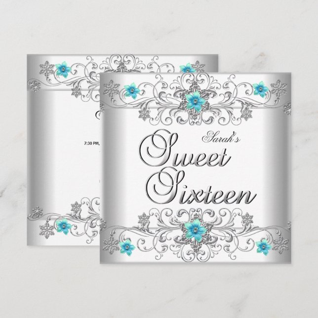 Sweet 16 Birthday Party Teal Blue White Diamond Invitation (Front/Back)