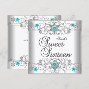 Sweet 16 Birthday Party Teal Blue White Diamond Invitation
