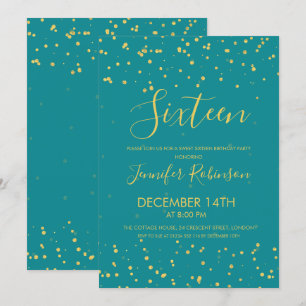 Sweet 16 Birthday Party Teal Gold Foil Dots Invitation