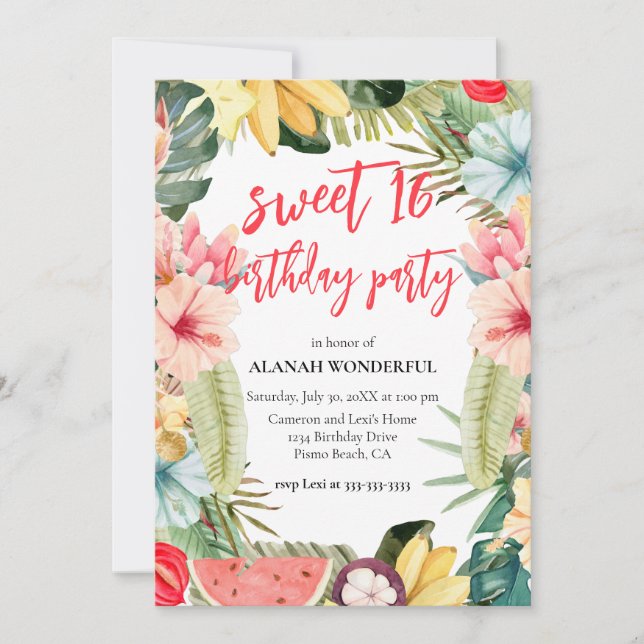 Sweet 16 Birthday Party Tropical Floral  Invitation (Front)