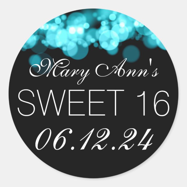 Sweet 16 Birthday Party Turquoise Bokeh Lights Classic Round Sticker (Front)