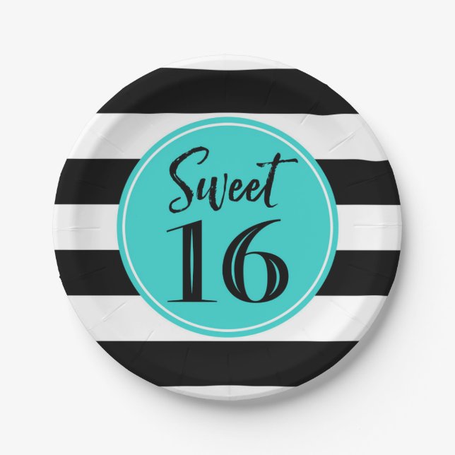 Sweet 16 Birthday Party Turquoise White Stripes Paper Plate (Front)