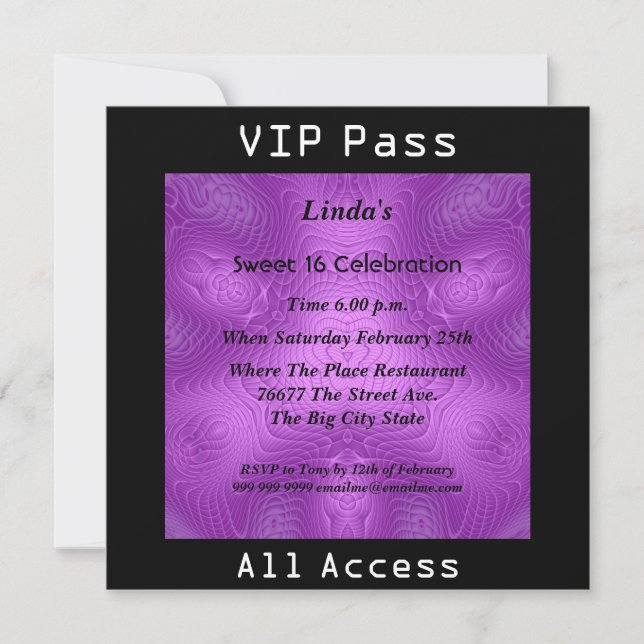 Sweet 16 Birthday Party VIP pass Purple 2 Invitation (Front)
