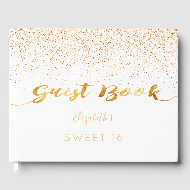 Sweet 16 birthday party white gold confetti guest book (Front)