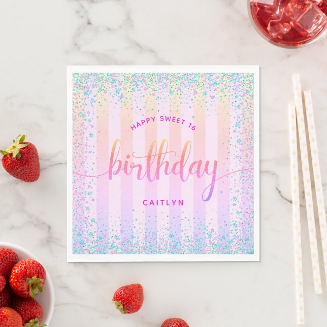 Sweet 16 birthday pastel glitter rainbow ombre napkin (Insitu)